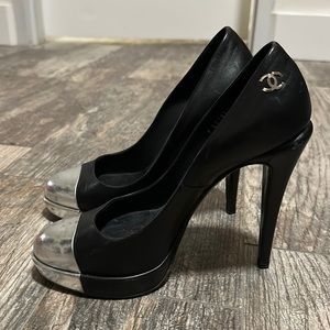 Chanel Size 39 Black Heels with Silver Tip
